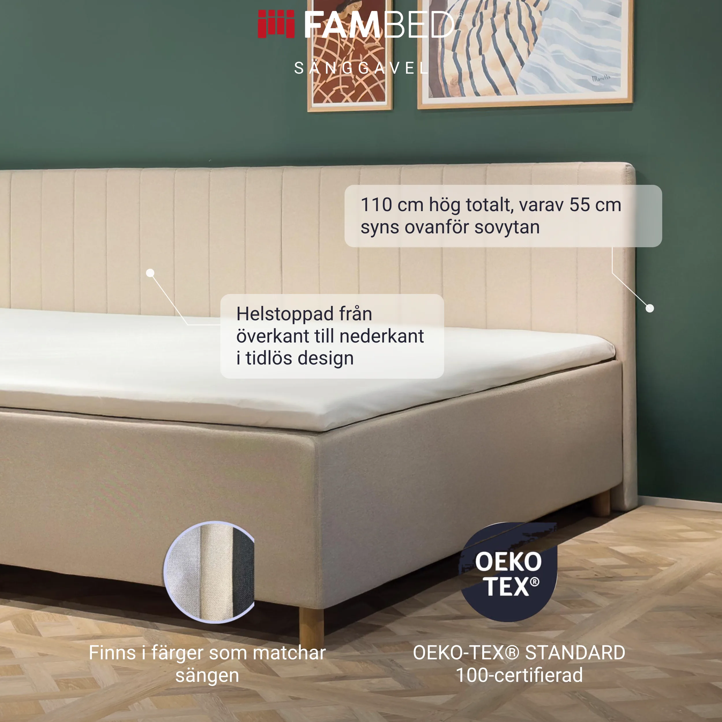 Infografik: beige FAMBED-sänggavel bakom sängen med information om helpolstring, 110 cm höjd och matchande färger