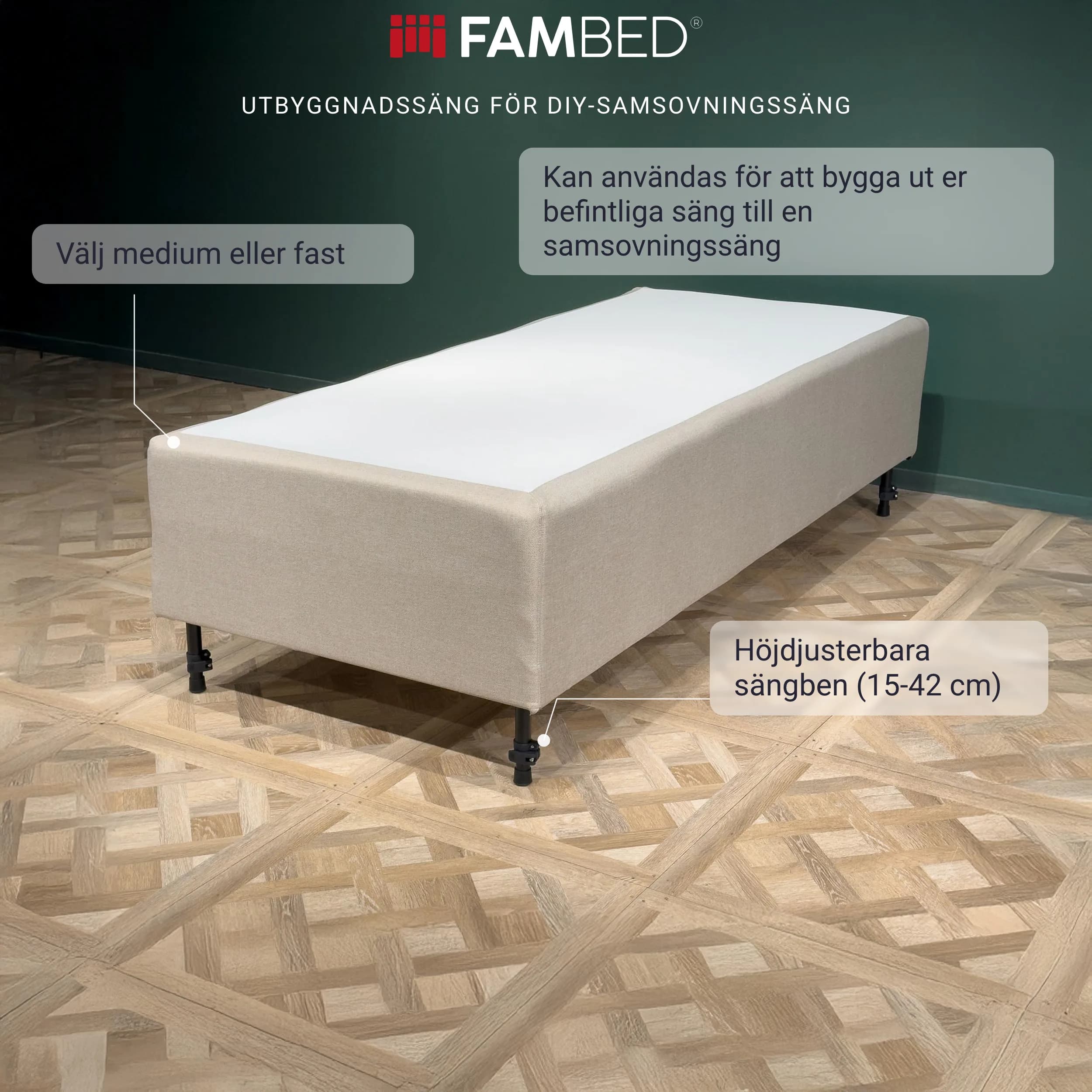 Infografik: FAMBED-utbyggnadssäng på svarta ben med information om en vändbar 7-zons resårmadrass och höjdjusterbara sängben