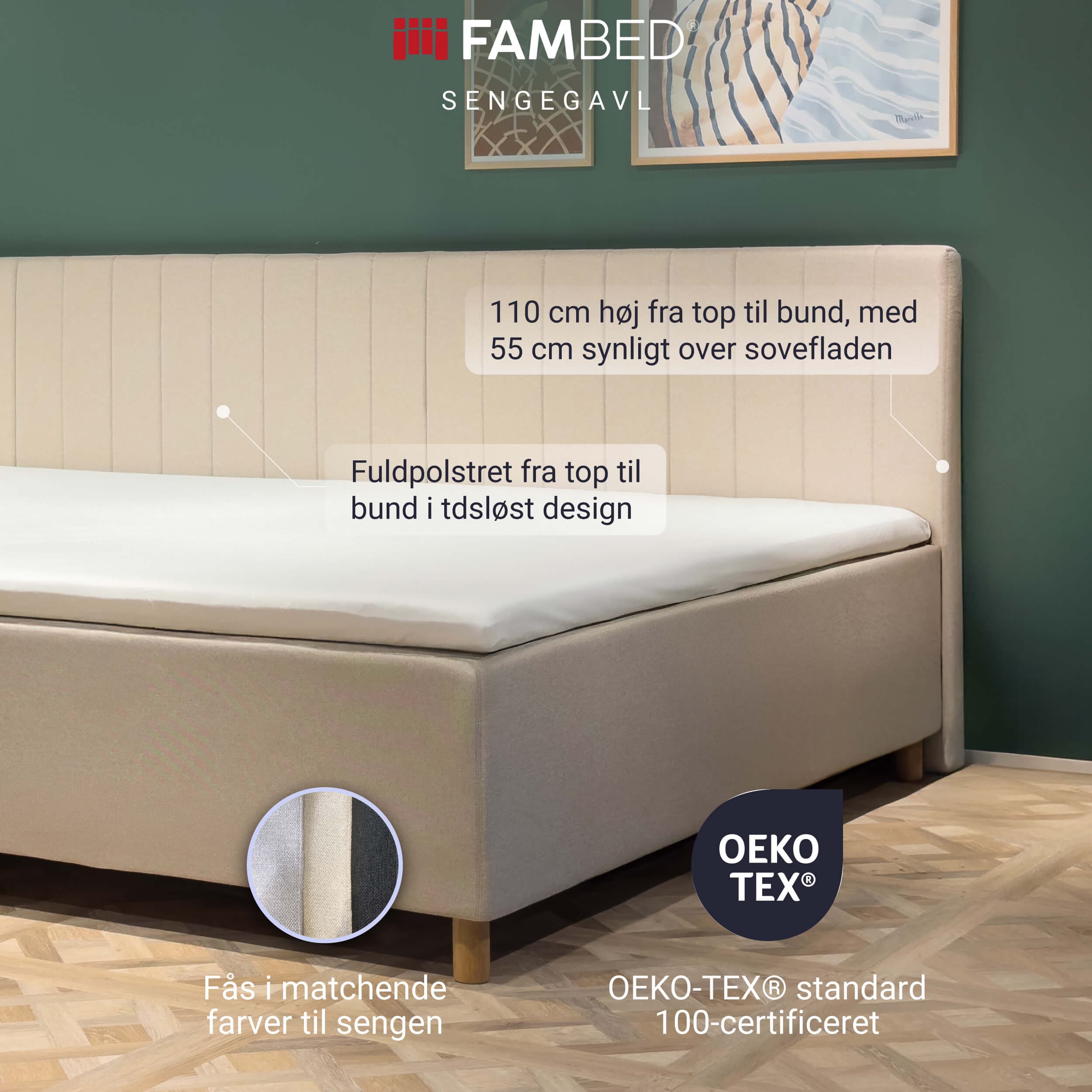 Infografik: beige FAMBED-sänggavel bakom sängen med information om helpolstring, 110 cm höjd och matchande färger