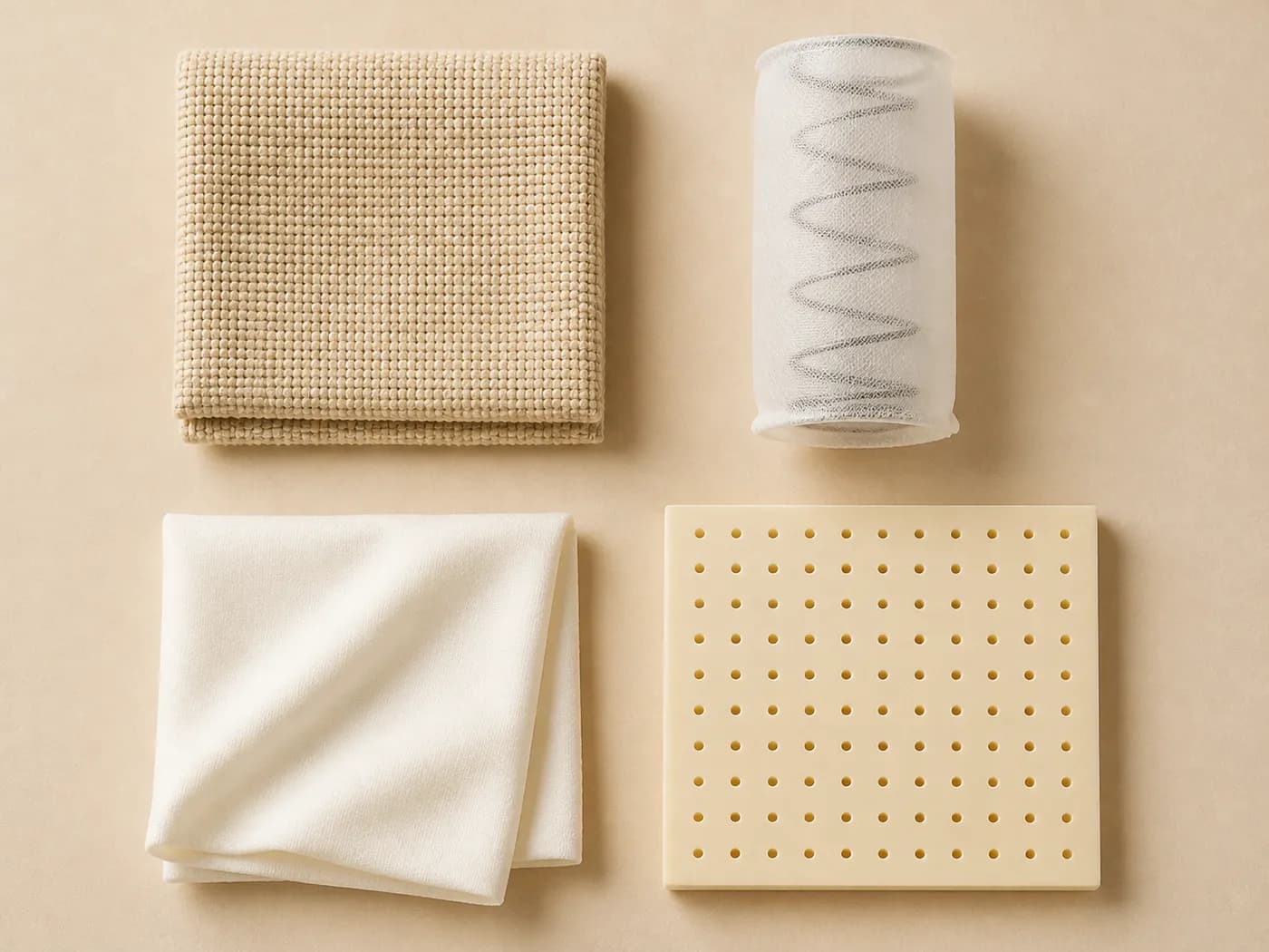 Fyra materialprover på en ljus yta: vävt överdragstyg i beige, en pocketfjäder i sin tygficka, ett vikt, mjukt vitt tyg och en perforerad skiva av naturlatex.