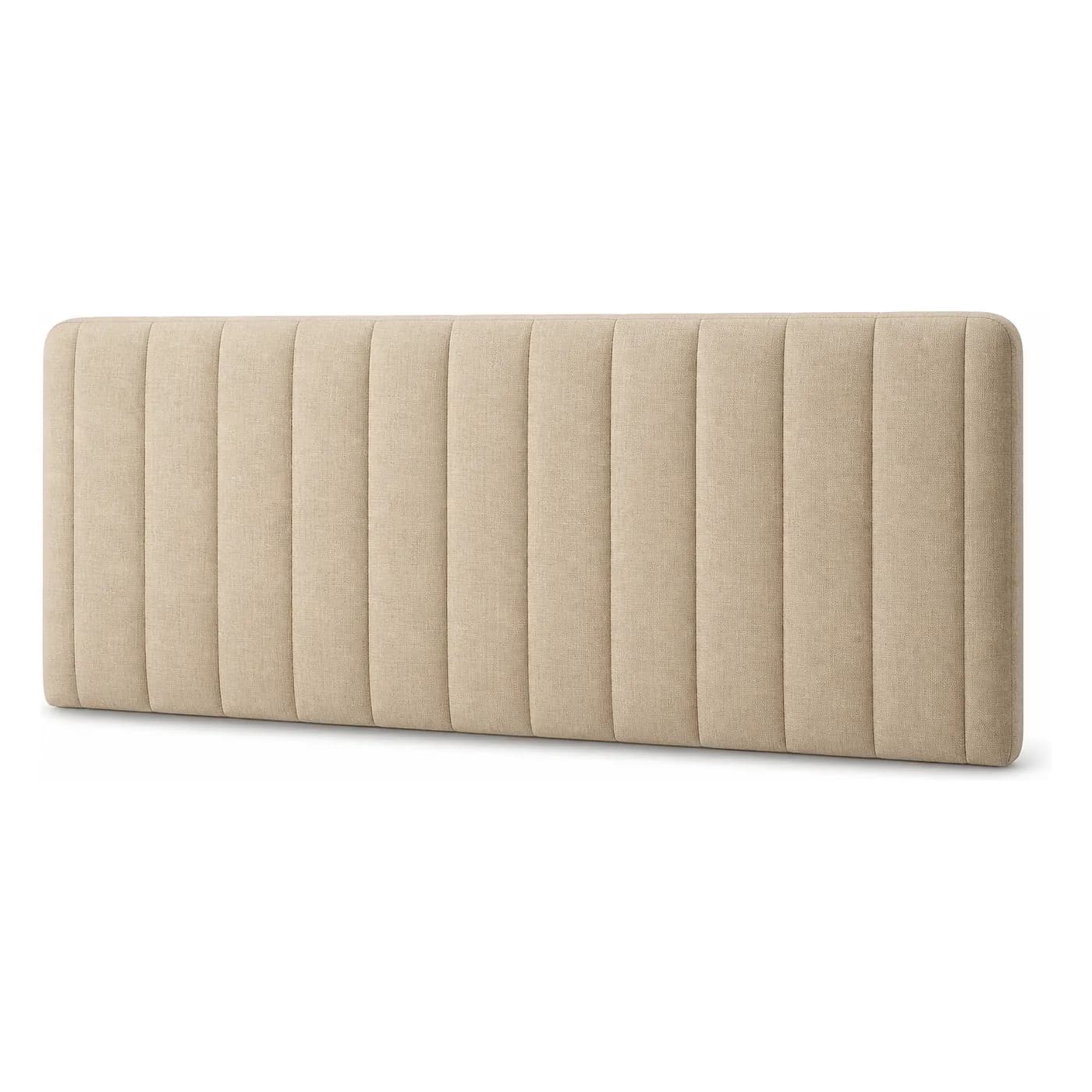 Beige, helpolstrad FamBed-sänggavel med vertikala stoppade paneler.