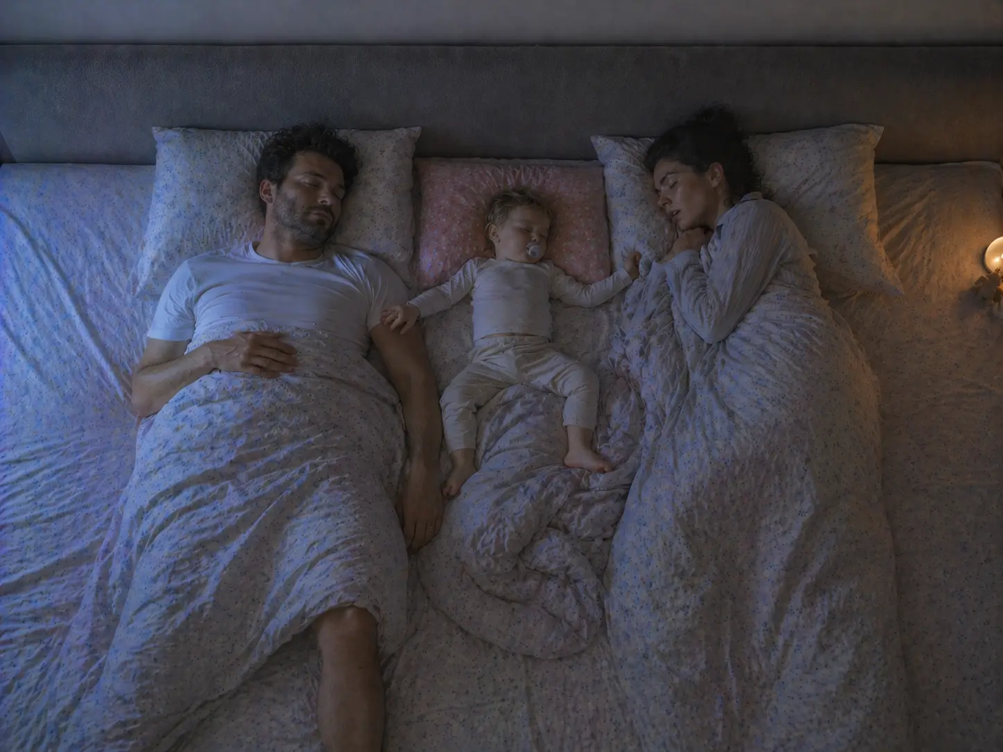 En familj på tre sover sida vid sida i familjesängen, sedd ovanifrån